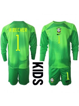 Brasilien Alisson Becker #1 Torwart Auswärts Trikotsatz für Kinder WM 2022 Langarm (+ Kurze Hosen)